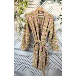 KATHERINE JEAN PLUMB KJP Women's Robe Terry Cloth Floral GREEN PINK Size Small